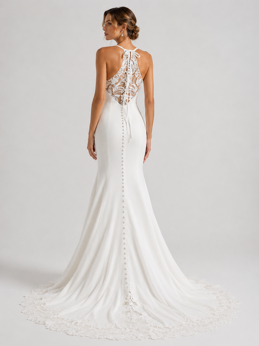 Elegant Spaghetti Strap Satin Sheath Wedding Dress with Lace Illusion Back and Chapel Train