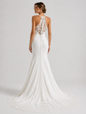 Elegant Spaghetti Strap Satin Sheath Wedding Dress with Lace Illusion Back and Chapel Train