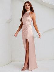 Pink Satin Halter Neck Sleeveless Floor Length Dress With High Slit
