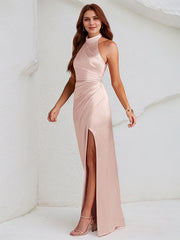 Pink Satin Halter Neck Sleeveless Floor Length Dress With High Slit