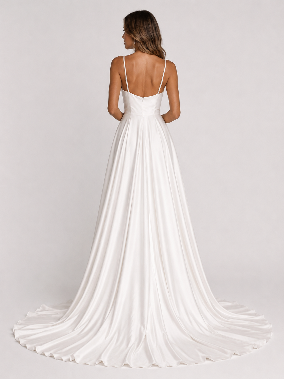 Elegant Spaghetti Strap Ruched Satin A-Line Wedding Dress with High Slit and Chapel Train