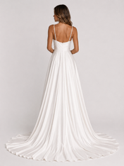 Elegant Spaghetti Strap Ruched Satin A-Line Wedding Dress with High Slit and Chapel Train