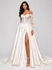Elegant Off-the-Shoulder Lace Corset Satin A-Line Wedding Dress with High Slit and Chapel Train