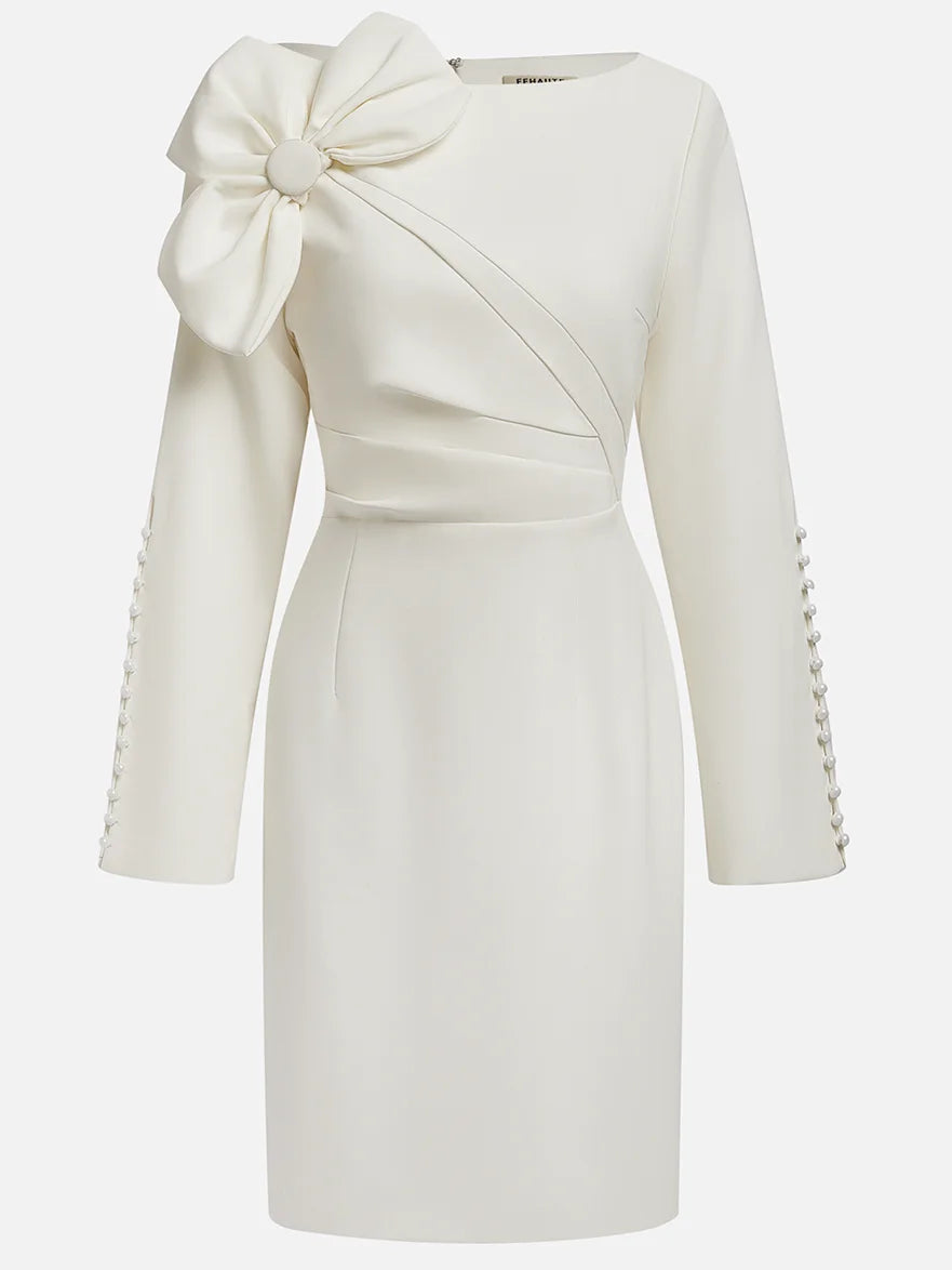 White Bow Long Sleeve Sheath Midi Dress