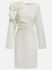 White Bow Long Sleeve Sheath Midi Dress