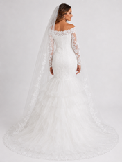 Elegant Off-the-Shoulder Lace Long-Sleeve Mermaid Wedding Dress with Ruffled Tiered Skirt and Chapel Train