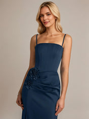Navy Sheath/Column Satin Off The Shoulder Sleeveless Ankle Length Dresses