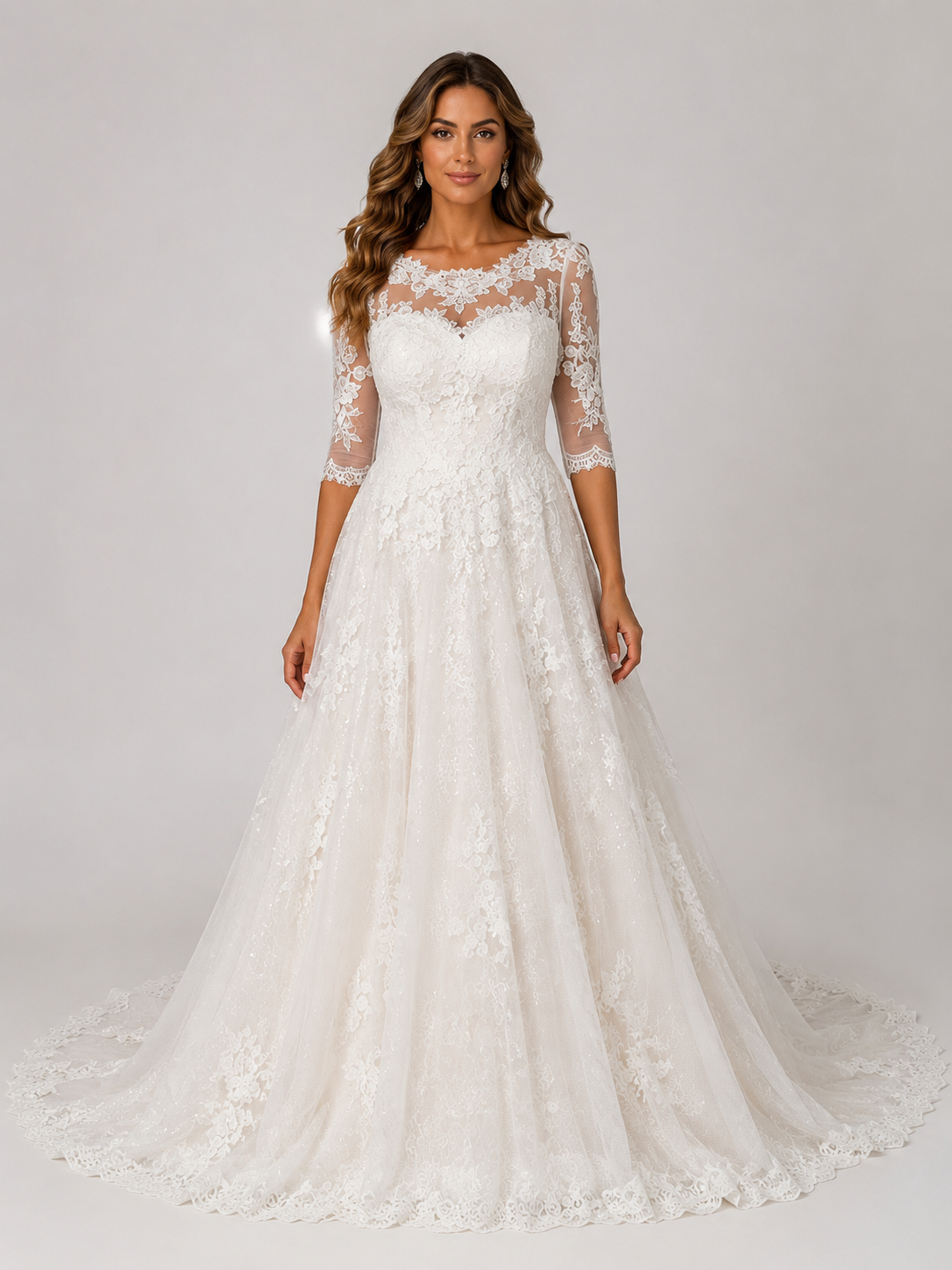 Elegant Lace Applique Tulle A-Line Wedding Dress with Sweep Train