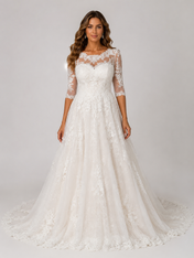 Elegant Lace Applique Tulle A-Line Wedding Dress with Sweep Train