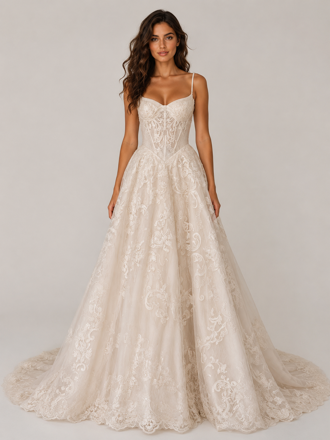 Elegant Sweetheart Lace Corset A-Line Wedding Dress with Beaded Straps and Chapel Train