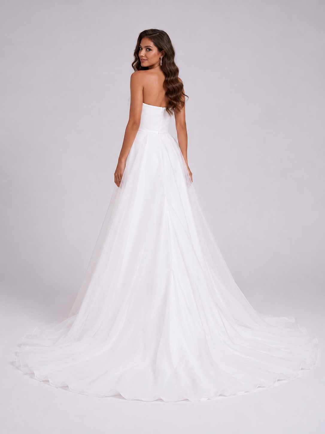 Elegant Strapless Ruched Satin A-Line Wedding Dress with High Slit and Chapel Train