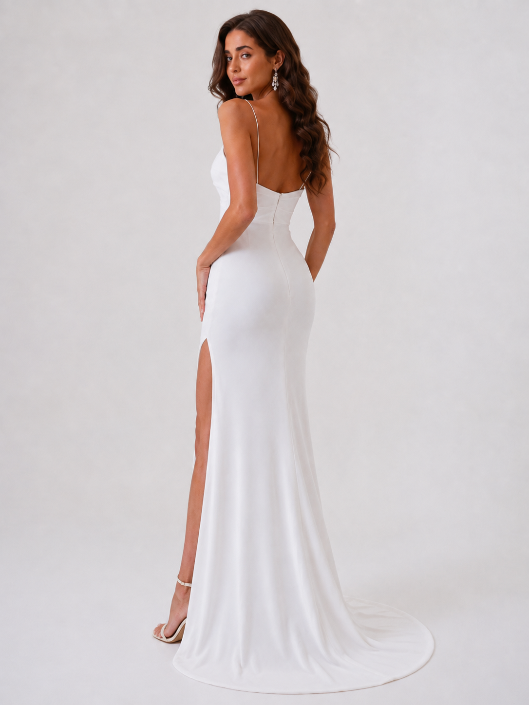 Elegant Spaghetti Strap Ruched Satin Sheath Wedding Dress with High Slit and Chapel Train