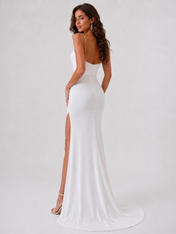 Elegant Spaghetti Strap Ruched Satin Sheath Wedding Dress with High Slit and Chapel Train