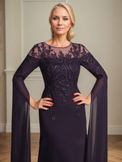 Sheath/Column Scoop 1/2 Sleeve Floor-Length Lace Chiffon Mother of the Bride Dress With Sequins