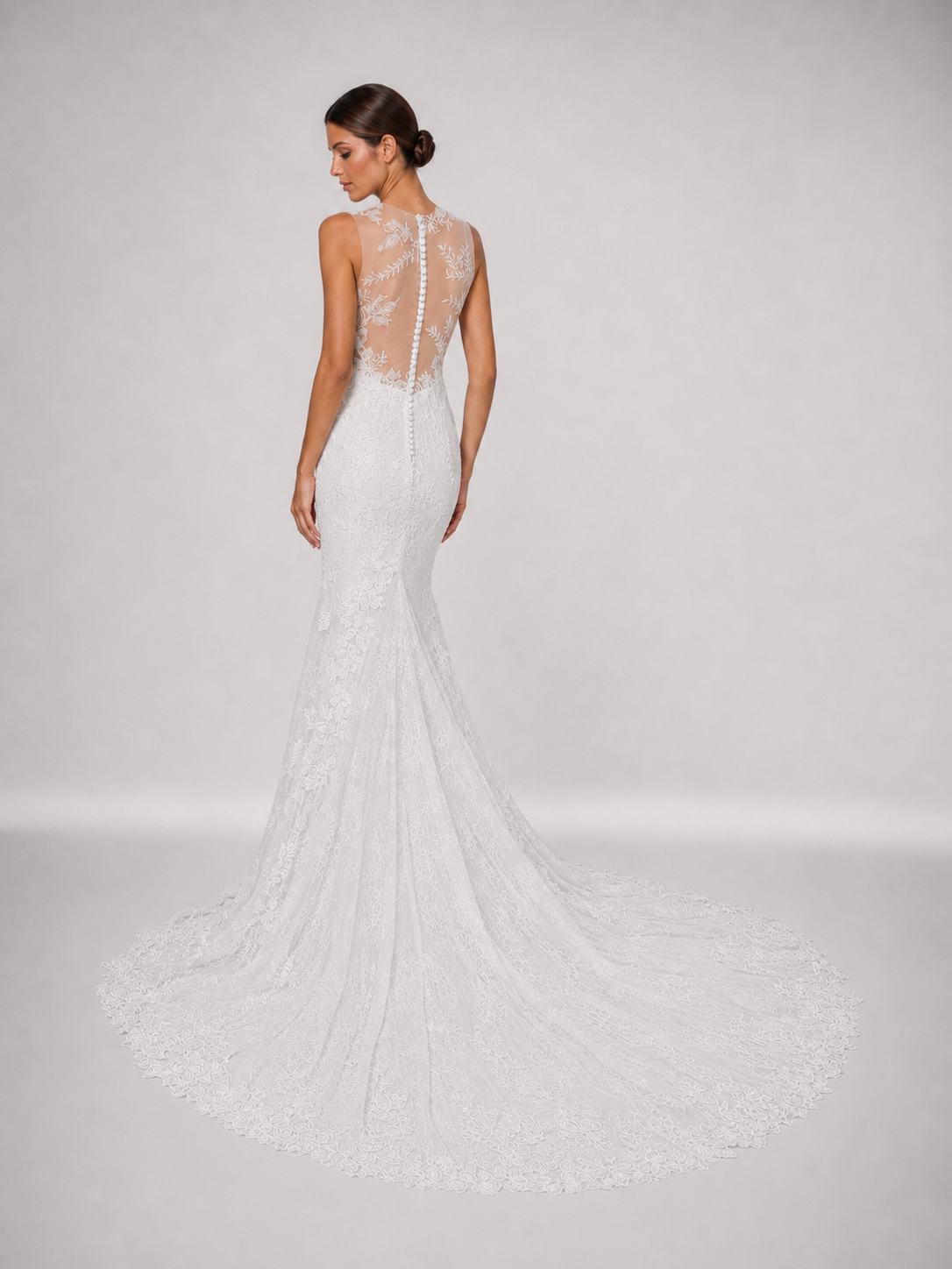 Elegant Illusion High-Neck Lace Mermaid Wedding Dress with Sweep Train