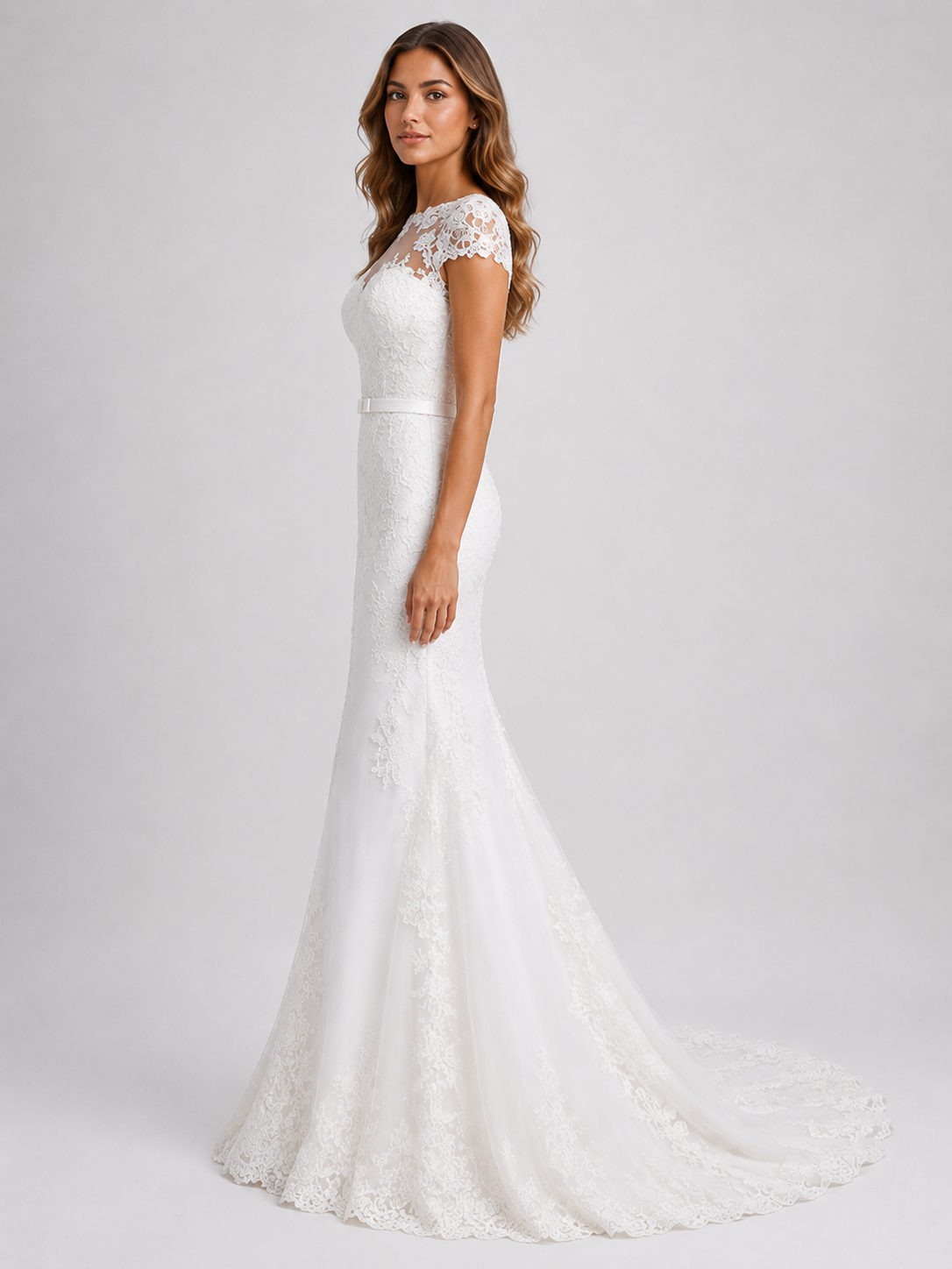 Elegant Illusion Cap-Sleeve Lace Mermaid Wedding Dress with Chapel Train