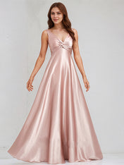Dusty Rose Satin A Line V Neck Sleeveless Floor Length Bridesmaid Dress