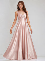 Dusty Rose Satin A Line V Neck Sleeveless Floor Length Bridesmaid Dress