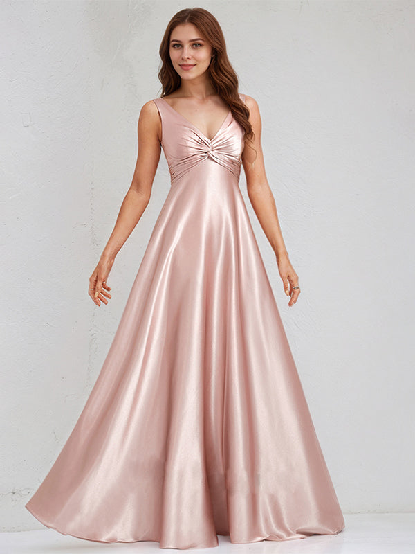 Dusty Rose Satin A Line V Neck Sleeveless Floor Length Bridesmaid Dress