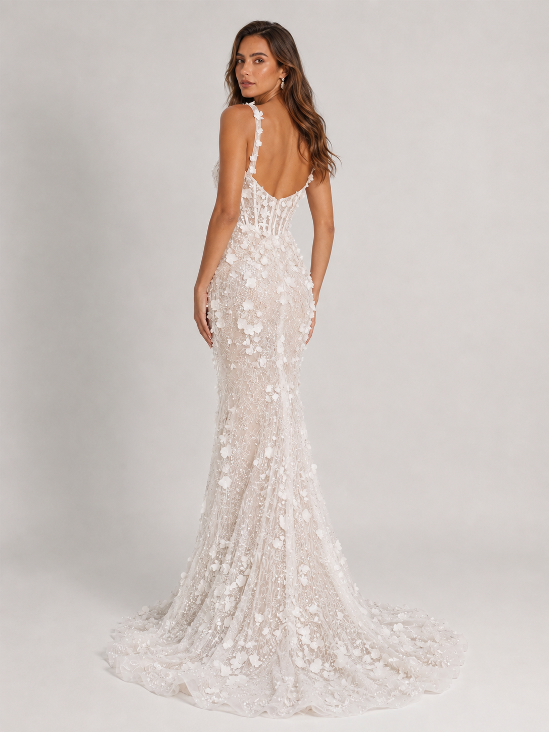 Elegant Square-Neck 3D Floral Lace Mermaid Wedding Dress with Sweep Train