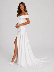 Elegant Off-the-Shoulder Ruched Satin A-Line Wedding Dress with High Slit and Chapel Train