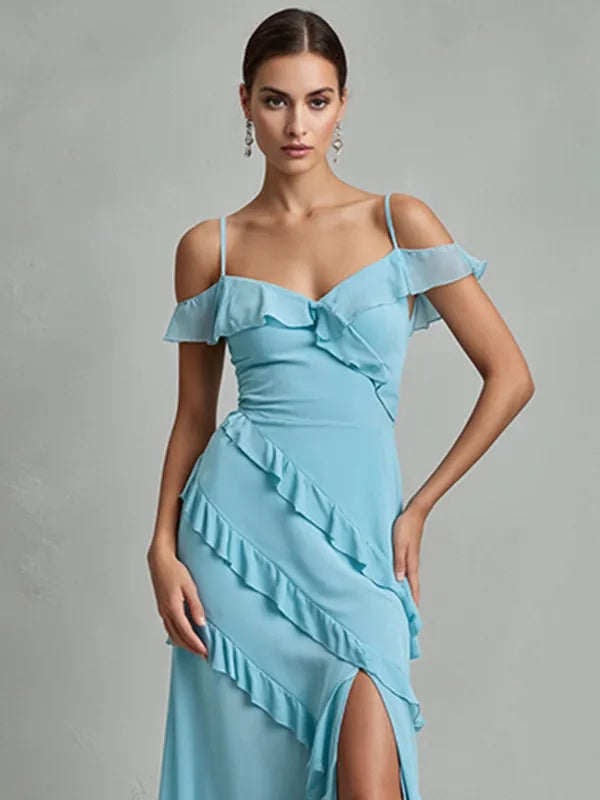 Party Dress  Light Blue  V-Neck Slit Irregular Ruffles