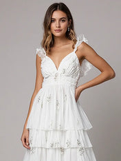 Evening Dress White Off-shoulder V-neck Slit Cake Dress Mid-length Dress