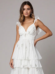 Evening Dress White Off-shoulder V-neck Slit Cake Dress Mid-length Dress