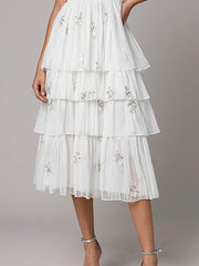 Evening Dress White Off-shoulder V-neck Slit Cake Dress Mid-length Dress