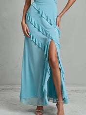 Party Dress  Light Blue  V-Neck Slit Irregular Ruffles