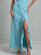 Party Dress  Light Blue  V-Neck Slit Irregular Ruffles