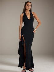 Black Stretch Crepe V Neck Sleeveless Open Back Dress with High Slit