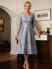 A-line V-Neck Tea-Length Floral Mother of the Bride Dress