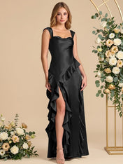 Square Neck Ruffle A Line Satin Cap Sleeves Long Bridesmaid Dresses with Slit