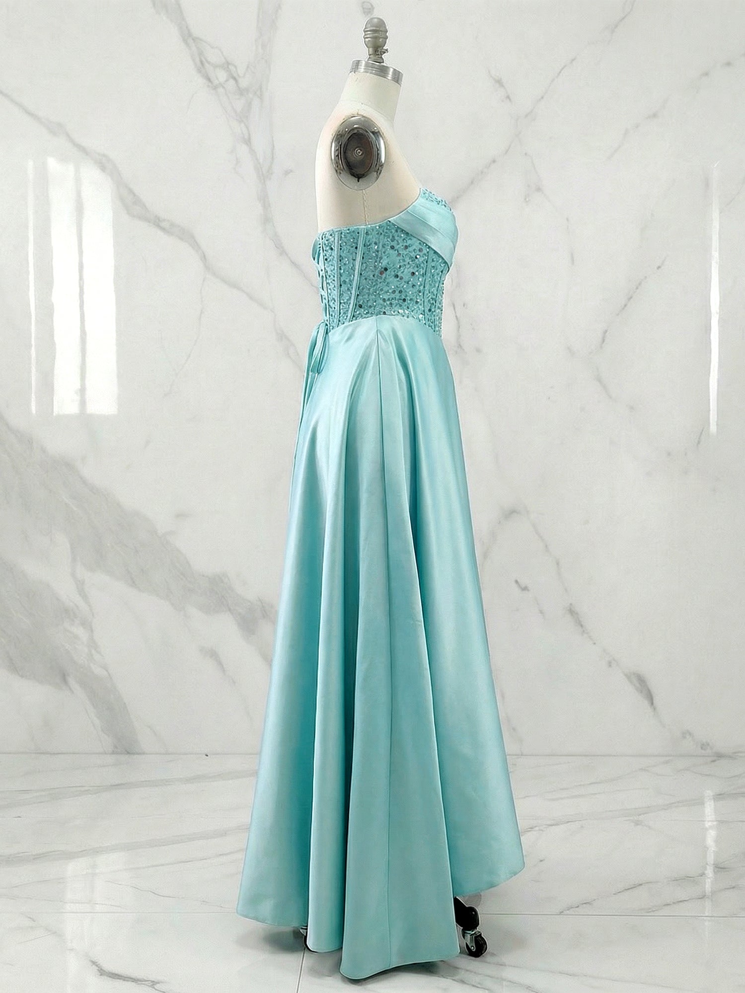 Champagne Gold Strapless Beaded Corset Satin A-Line Prom Dress