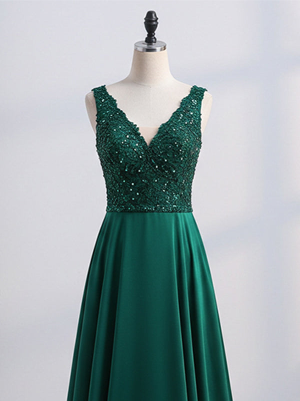 Green A-line V-Neck Floor-Length Satin Lace Prom Dresses With Sequins