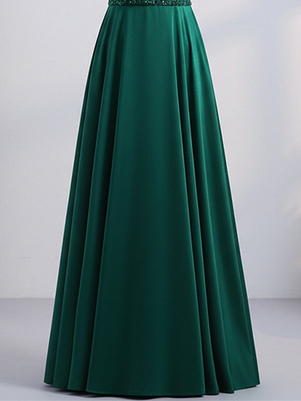 Green A-line V-Neck Floor-Length Satin Lace Prom Dresses With Sequins