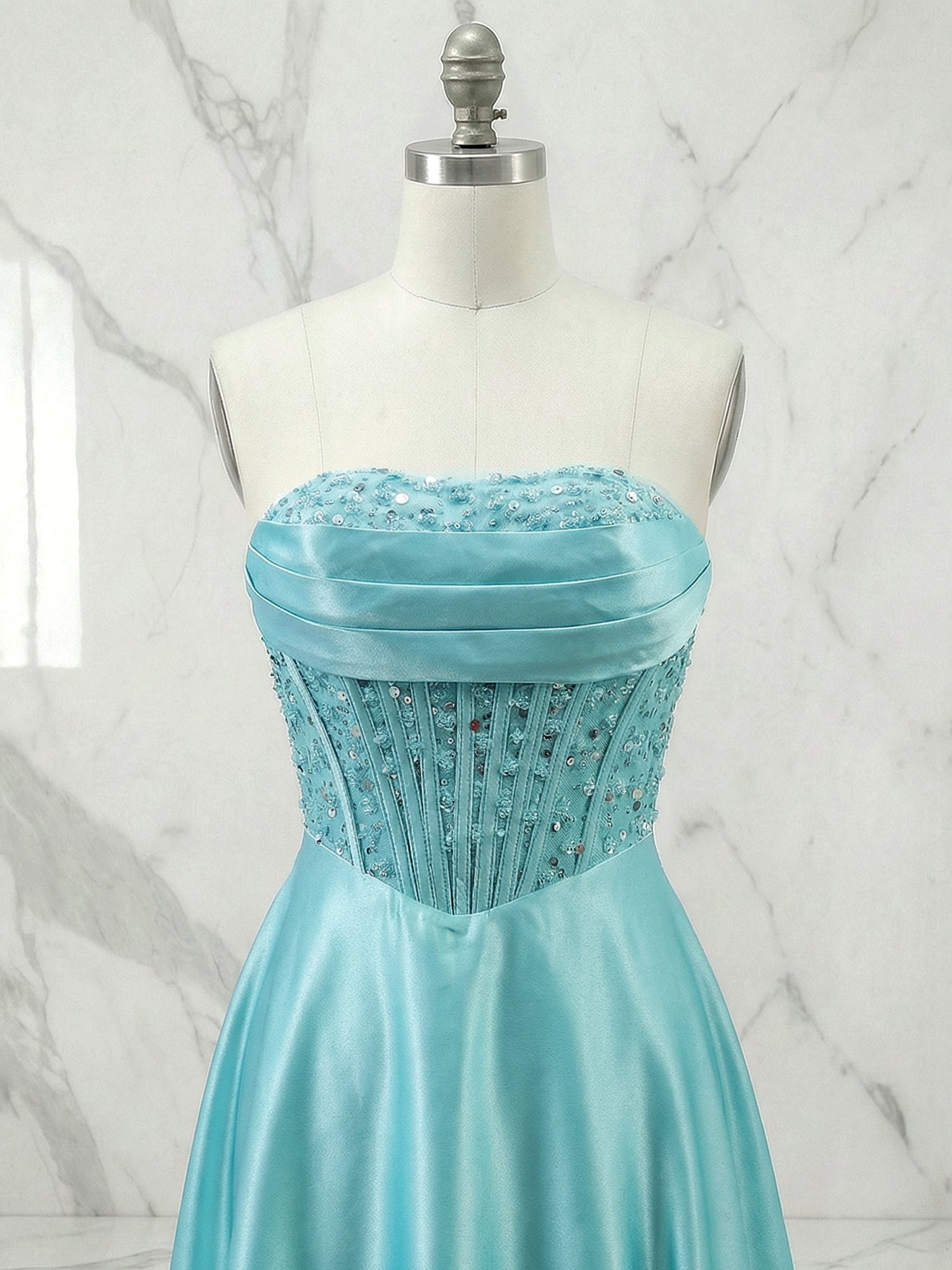 Champagne Gold Strapless Beaded Corset Satin A-Line Prom Dress