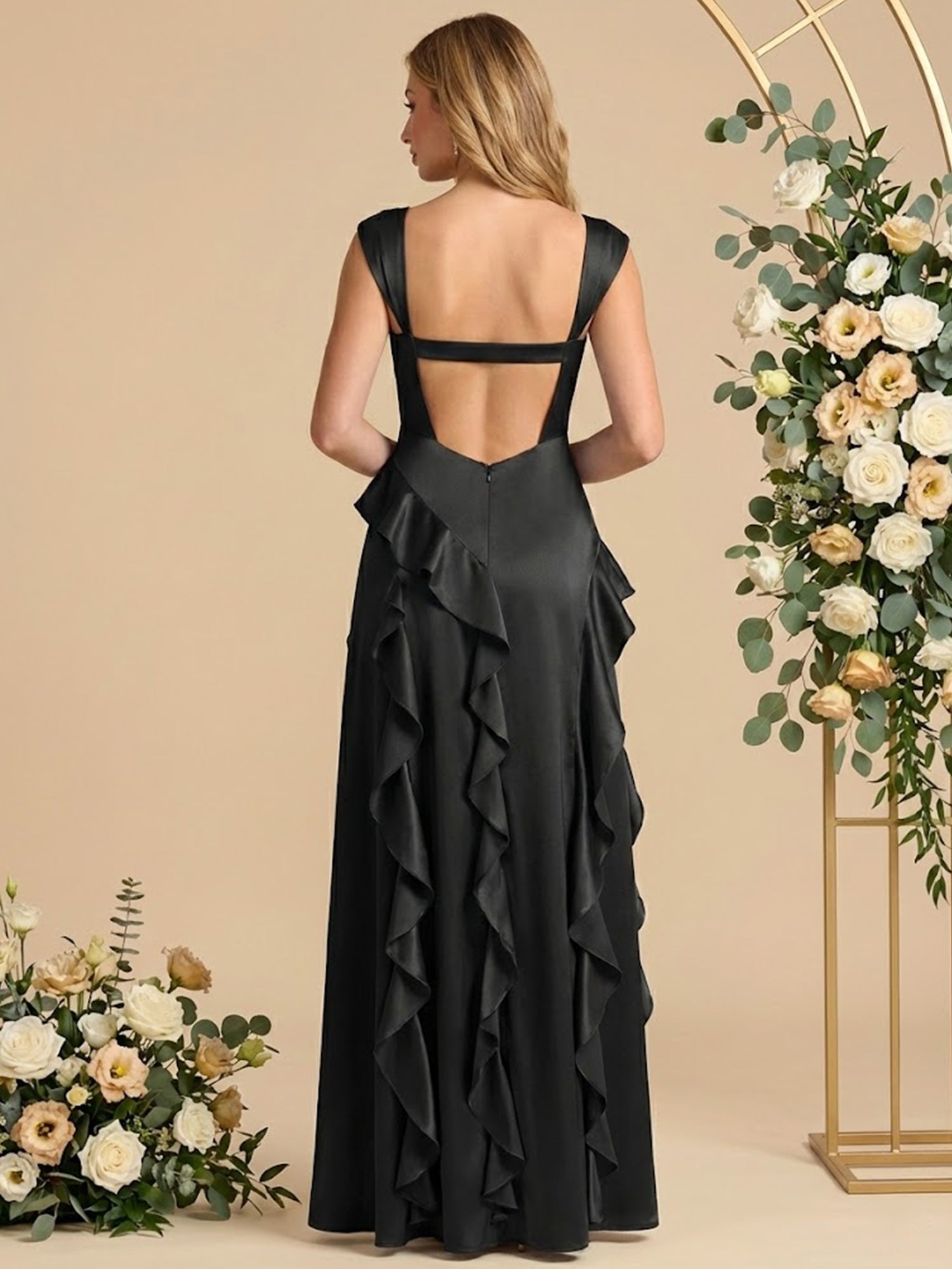 Square Neck Ruffle A Line Satin Cap Sleeves Long Bridesmaid Dresses with Slit