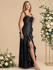 Square Neck Ruffle A Line Satin Cap Sleeves Long Bridesmaid Dresses with Slit