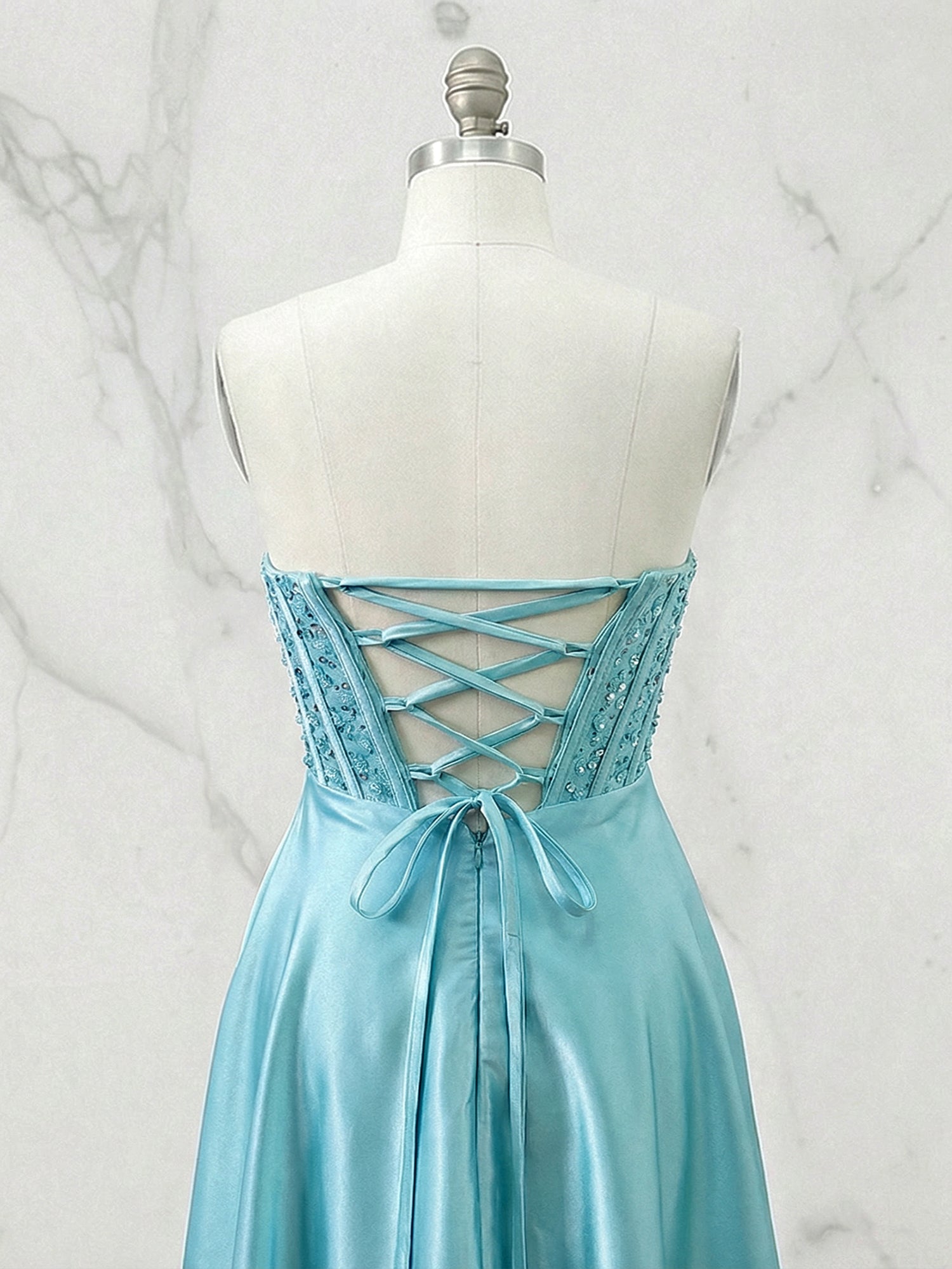 Champagne Gold Strapless Beaded Corset Satin A-Line Prom Dress