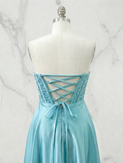 Champagne Gold Strapless Beaded Corset Satin A-Line Prom Dress