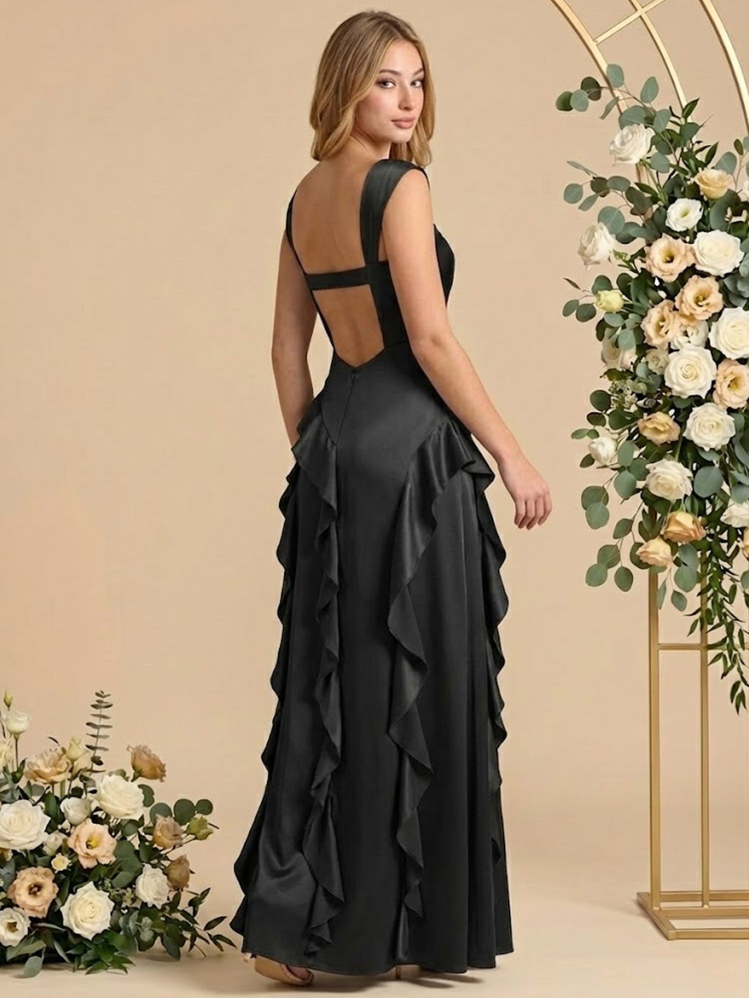 Square Neck Ruffle A Line Satin Cap Sleeves Long Bridesmaid Dresses with Slit