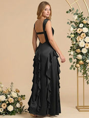 Square Neck Ruffle A Line Satin Cap Sleeves Long Bridesmaid Dresses with Slit