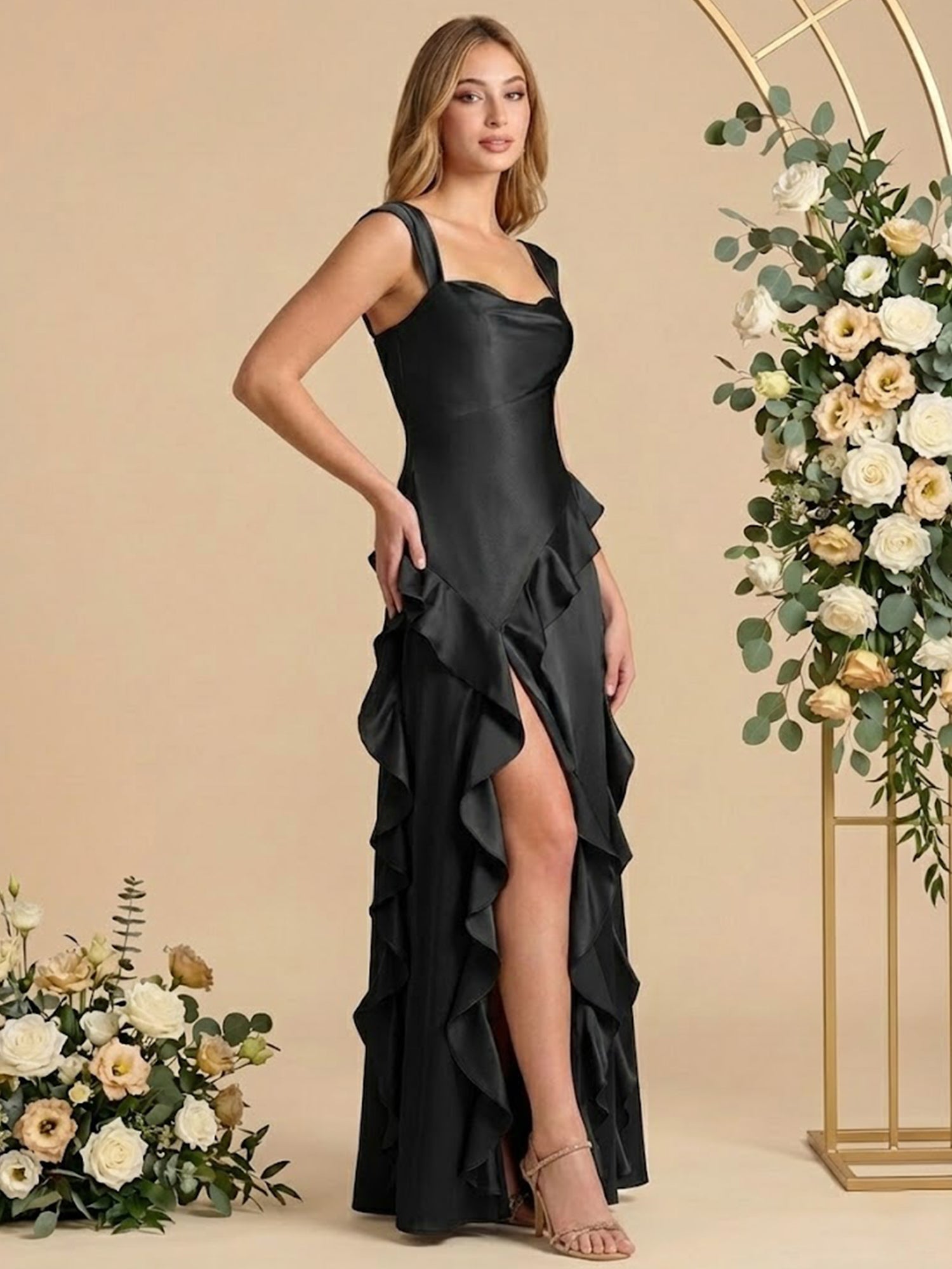 Square Neck Ruffle A Line Satin Cap Sleeves Long Bridesmaid Dresses with Slit