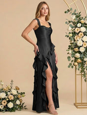 Square Neck Ruffle A Line Satin Cap Sleeves Long Bridesmaid Dresses with Slit