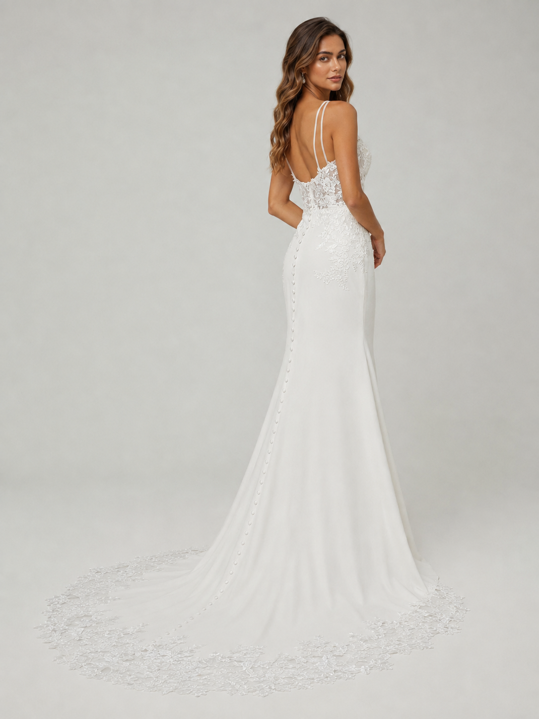 Elegant Illusion Lace Applique Spaghetti Strap Sheath Wedding Dress with Sweep Train