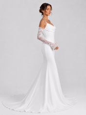 Elegant Spaghetti Strap Cowl Neck Satin Mermaid Wedding Dress with Detachable Lace Sleeves and Chapel Train