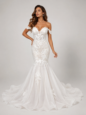 Elegant Off-the-Shoulder Lace Applique Mermaid Wedding Dress with Chapel Train 