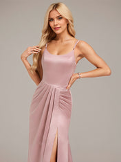 Dusty Rose Trumpet/Mermaid Spaghetti Straps Floor-Length Satin Bridesmaid Dress With Ruched
